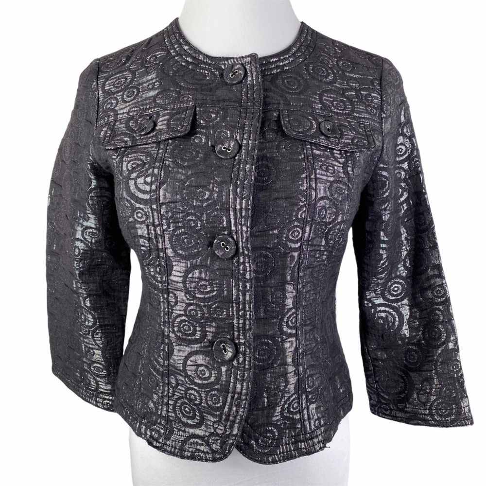 Ruby Rd. Petite‎ Metallic Cropped Jacket Women's 4P Black Silver Swirl Design